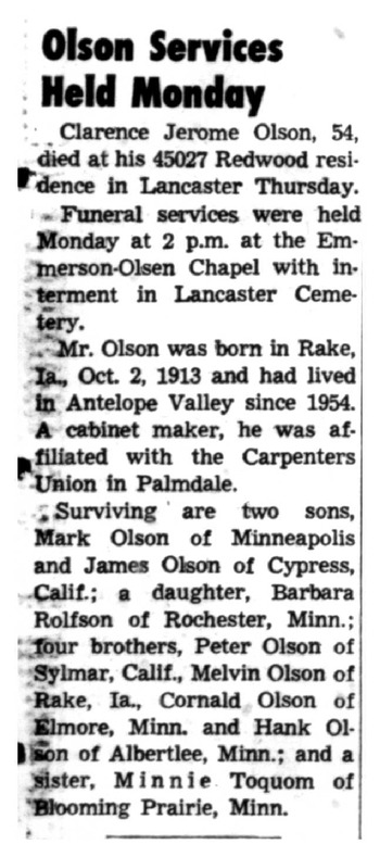 Olson, Clarence Jerome obituary