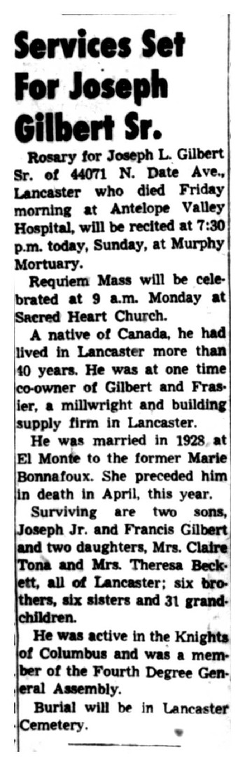 Gilbert,   Joseph Laureat obituary