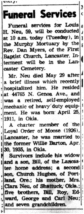Neu, Louis Herman obituary