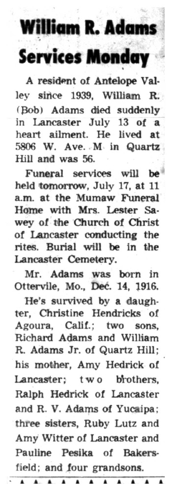 Adams, William Robert ('Bob') obituary