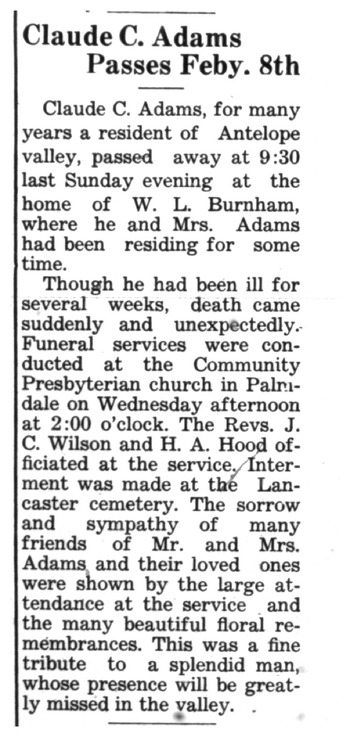 Adams, Claude Clay obituary