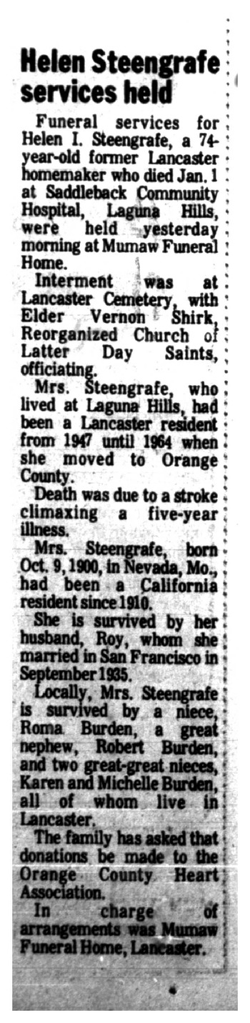 Steengrafe, Helen I. obituary