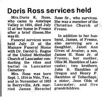 Ross, Doris Kathleen gravesite