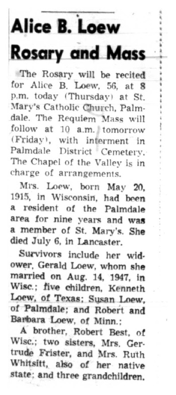 Loew, Alice Mary obituary