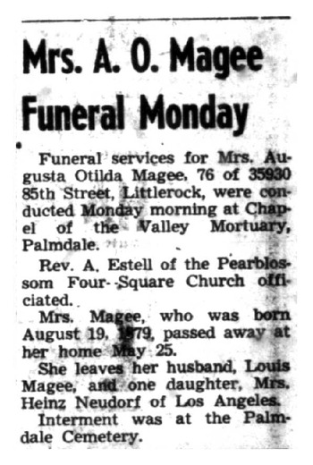 Magee, Augusta Otilda obituary