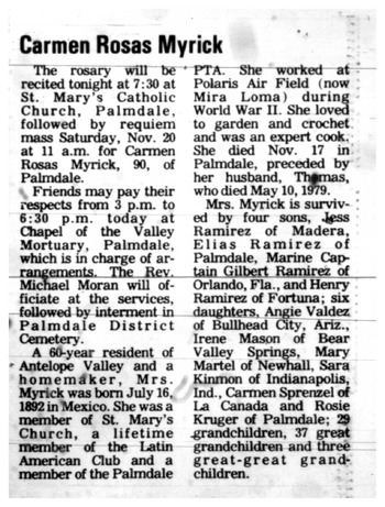 Myrick, Carmen obituary