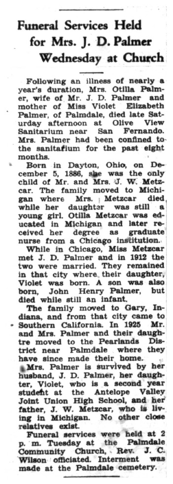 Palmer, Otilla Armin obituary
