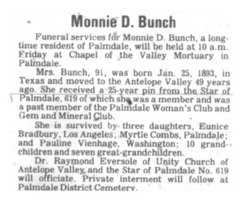 Bunch, Monnie Denton obituary