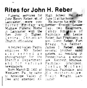 Reber, John Henry obituary