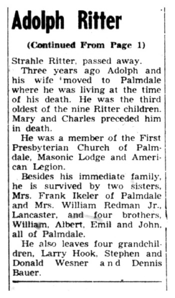 Ritter, Adolph Emanuel obituary