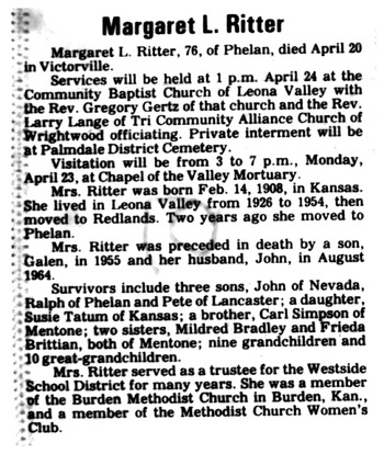 Ritter, Margaret Louise obituary