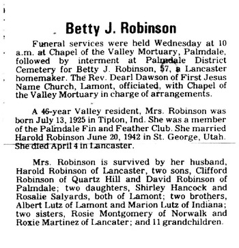 Robinson, Betty Juanita obituary