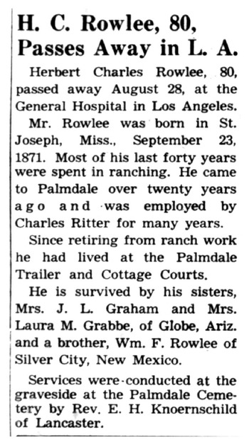 Rowlee, Herbert Charles obituary