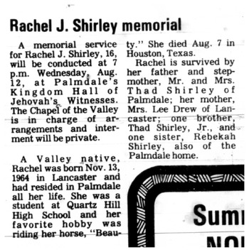 Shirley, Rachel J. obituary