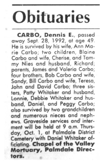 Carbo, Edward Dennis obituary