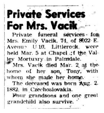 Vacik, Emilie obituary