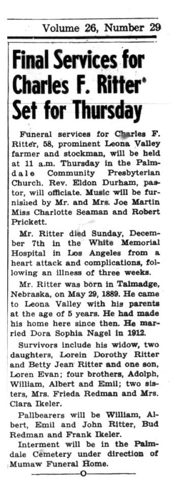Ritter, Charles Frederick obituary