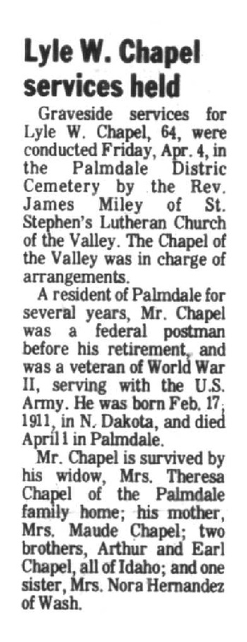 Chapel, Lyle W. obituary