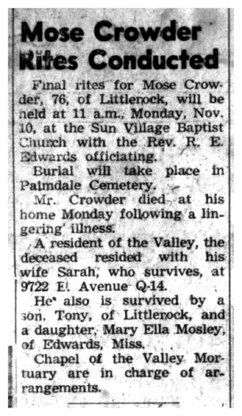 Crowder, Mose obituary