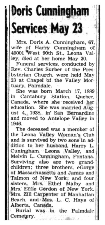 Cunningham, Doris obituary