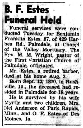 Estes, Benjamin Franklin obituary