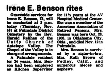 Benson, Irene Elberta obituary