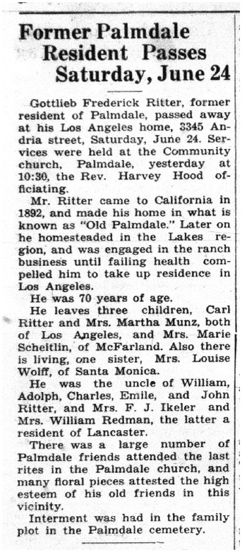 Ritter,   Gottlieb Frederick obituary