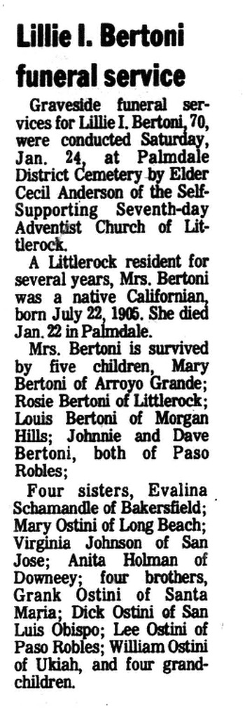 Bertoni, Lillie I. obituary